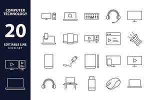 Digitronics Line Icons Vector Illustration of Editable Computer Technology Icons in Sleek Outline Style, Featuring Monitors, Smartphones, Tablets, Laptops, Electronic Devices, desktop, display, drive