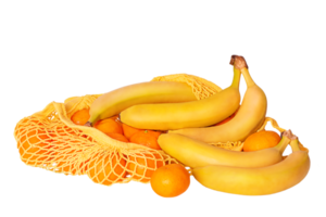 vitamine, salutare cibo isolato. frutta banane e mandarini nel giallo shopping griglia. png