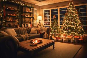 Cosy living room with beautiful christmas tree and red gifts in modern interior. Interior of living room decorated for merry christmas with socks, gift boxes and christmas accessories by AI Generated photo