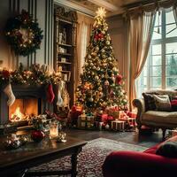 Cosy living room with beautiful christmas tree and red gifts in modern interior. Interior of living room decorated for merry christmas with socks, gift boxes and christmas accessories by AI Generated photo