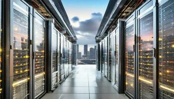 AI generated data center with view of the city skyline in modern metropolis photo