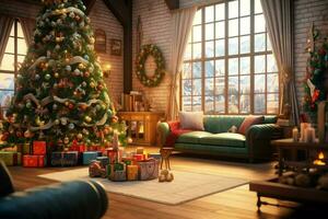 Cosy living room with beautiful christmas tree and red gifts in modern interior. Interior of living room decorated for merry christmas with socks, gift boxes and christmas accessories by AI Generated photo