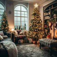 Cosy living room with beautiful christmas tree and red gifts in modern interior. Interior of living room decorated for merry christmas with socks, gift boxes and christmas accessories by AI Generated photo