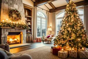 Cosy living room with beautiful christmas tree and red gifts in modern interior. Interior of living room decorated for merry christmas with socks, gift boxes and christmas accessories by AI Generated photo