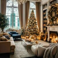 Cosy living room with beautiful christmas tree and red gifts in modern interior. Interior of living room decorated for merry christmas with socks, gift boxes and christmas accessories by AI Generated photo