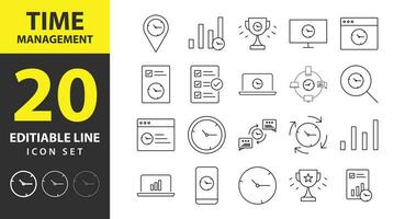 Set of 20 outline icons related to time management. Time management banner web icon vector illustration concept with icon of objective, priority, schedule, reminder, efficiency and alerts.