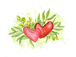 deux brillant transparent rouge rose cœurs parmi vert feuilles et Rose bourgeons. romance printemps composition png