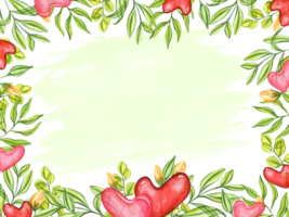 Frame with red pink hearts among green leaves and rose buds. Spring plants. png