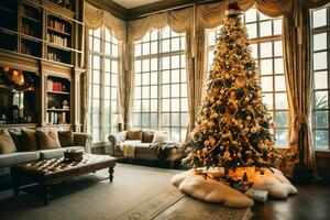 Cosy living room with beautiful christmas tree and red gifts in modern interior. Interior of living room decorated for merry christmas with socks, gift boxes and christmas accessories by AI Generated photo