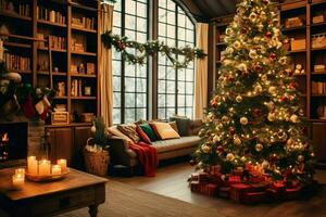 Cosy living room with beautiful christmas tree and red gifts in modern interior. Interior of living room decorated for merry christmas with socks, gift boxes and christmas accessories by AI Generated photo