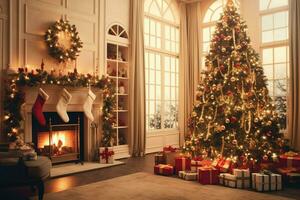 Cosy living room with beautiful christmas tree and red gifts in modern interior. Interior of living room decorated for merry christmas with socks, gift boxes and christmas accessories by AI Generated photo