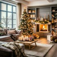 Cosy living room with beautiful christmas tree and red gifts in modern interior. Interior of living room decorated for merry christmas with socks, gift boxes and christmas accessories by AI Generated photo