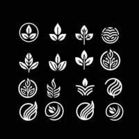 Leaves logo vector set isolated on Black background. Various shapes of green leaves of trees and plants. Elements for eco and bio logos.