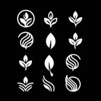 Leaves logo vector set isolated on Black background. Various shapes of green leaves of trees and plants. Elements for eco and bio logos.