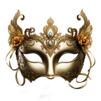 AI generated Venetian carnival mask, a golden masquerade mask with gold decorations, an opera mask PNG file