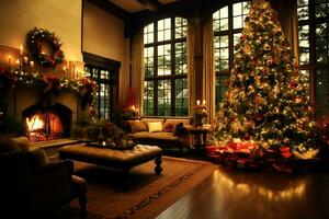 Cosy living room with beautiful christmas tree and red gifts in modern interior. Interior of living room decorated for merry christmas with socks, gift boxes and christmas accessories by AI Generated photo