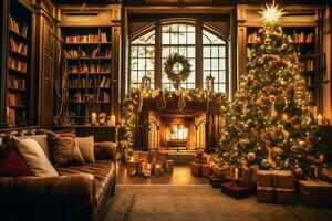 Cosy living room with beautiful christmas tree and red gifts in modern interior. Interior of living room decorated for merry christmas with socks, gift boxes and christmas accessories by AI Generated photo