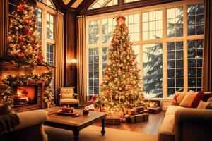 Cosy living room with beautiful christmas tree and red gifts in modern interior. Interior of living room decorated for merry christmas with socks, gift boxes and christmas accessories by AI Generated photo