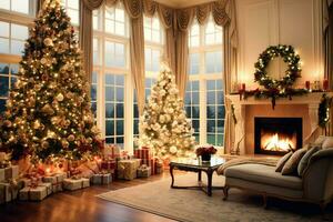 Cosy living room with beautiful christmas tree and red gifts in modern interior. Interior of living room decorated for merry christmas with socks, gift boxes and christmas accessories by AI Generated photo