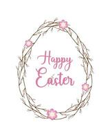 Happy Easter egg from twigs with flowers and an inscription, brush vector