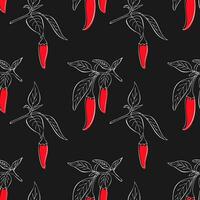 Red hot chilli peppers branch hand drawn pattern on black background. White contour and red color. vector