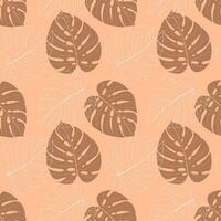 Monstera pattern leaves doodle , white contour color and color trend year 2024 peach fuzz. vector