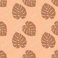 Monstera pattern leaves doodle , white contour color and color trend year 2024 peach fuzz. vector