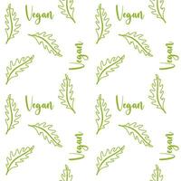 Vegan pattern vegetables green arugula and lettering Vegan. For packaging, on white backgrounds. vector