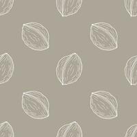 Pattern with white walnuts contour hand drawn on pastel brown background. vector