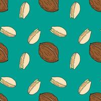 Pattern with walnuts and pistachios, handmade doodle drawing, on blue background. vector