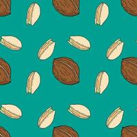 Pattern with walnuts and pistachios, handmade doodle drawing, on blue background. vector
