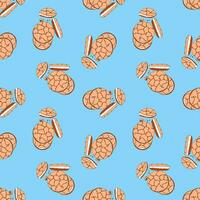 Pattern with hand drawn cookies, color trend 2024 Peach fuzz on blue background, doodles. National Cookie Day. vector