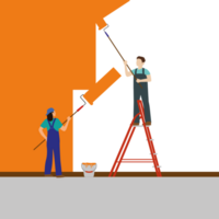 Professional painters and decorators painting walls in a residential room with professional equipment png