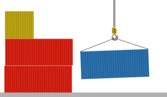 Cargo container set isolated. Colorful box from different sides collection. Freight shipping container hanging on crane hook. Simple design png