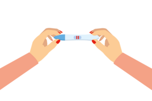 Pregnancy test with two lines in women's hands. Positive pregnancy test result. Planning a baby, motherhood, healthcare. png