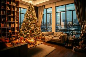 Cosy living room with beautiful christmas tree and red gifts in modern interior. Interior of living room decorated for merry christmas with socks, gift boxes and christmas accessories by AI Generated photo