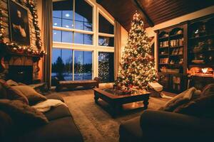 Cosy living room with beautiful christmas tree and red gifts in modern interior. Interior of living room decorated for merry christmas with socks, gift boxes and christmas accessories by AI Generated photo