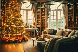 Cosy living room with beautiful christmas tree and red gifts in modern interior. Interior of living room decorated for merry christmas with socks, gift boxes and christmas accessories by AI Generated photo