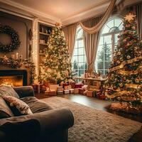 Cosy living room with beautiful christmas tree and red gifts in modern interior. Interior of living room decorated for merry christmas with socks, gift boxes and christmas accessories by AI Generated photo