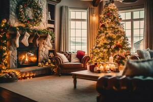 Cosy living room with beautiful christmas tree and red gifts in modern interior. Interior of living room decorated for merry christmas with socks, gift boxes and christmas accessories by AI Generated photo