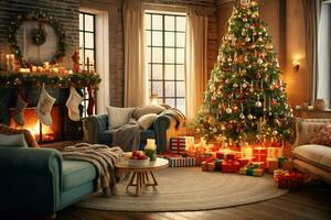 Cosy living room with beautiful christmas tree and red gifts in modern interior. Interior of living room decorated for merry christmas with socks, gift boxes and christmas accessories by AI Generated photo