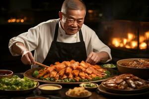 ai generado asiático cocinero preparando asado Pato foto