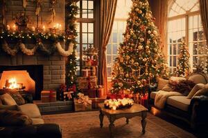 Cosy living room with beautiful christmas tree and red gifts in modern interior. Interior of living room decorated for merry christmas with socks, gift boxes and christmas accessories by AI Generated photo