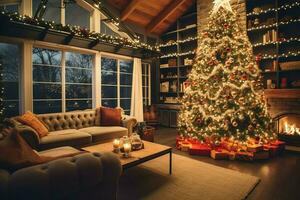 Cosy living room with beautiful christmas tree and red gifts in modern interior. Interior of living room decorated for merry christmas with socks, gift boxes and christmas accessories by AI Generated photo