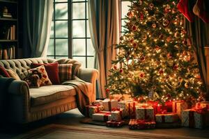 Cosy living room with beautiful christmas tree and red gifts in modern interior. Interior of living room decorated for merry christmas with socks, gift boxes and christmas accessories by AI Generated photo