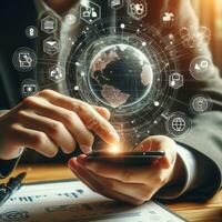 AI generated Business man using smartphone to touch virtual screen with social media icons photo