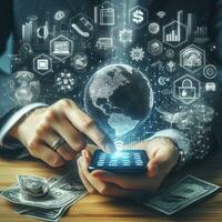AI generated Business man using smartphone to touch virtual screen with social media icons photo