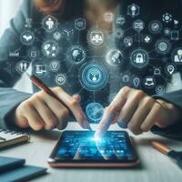 AI generated Business man using smartphone to touch virtual screen with social media icons photo