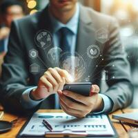 AI generated Business man using smartphone to touch virtual screen with social media icons photo