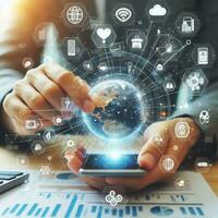 AI generated Business man using smartphone to touch virtual screen with social media icons photo